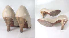 Vintage 50s Tan Round Toe Carved Wood Heels Shoes 7