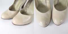 Vintage 50s Tan Round Toe Carved Wood Heels Shoes 7