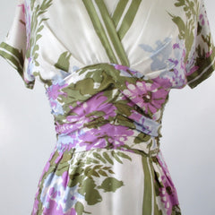 Vintage 50s Silk Scarf Flower Bouquet Sheath Dress XS