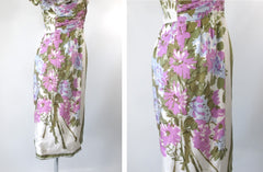 Vintage 50s Silk Scarf Flower Bouquet Sheath Dress XS
