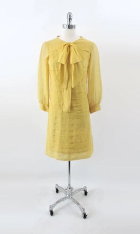 Vintage 60's Yellow Sheer Pussy Bow Shift Dress S