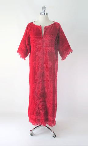 Vintage 60s Red Towel Robe Cover Up Dress M