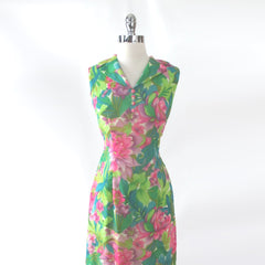 vintage 60s Hawaiian Hawaii tropical flower maxi dress gown Hino Honolulu  bodice