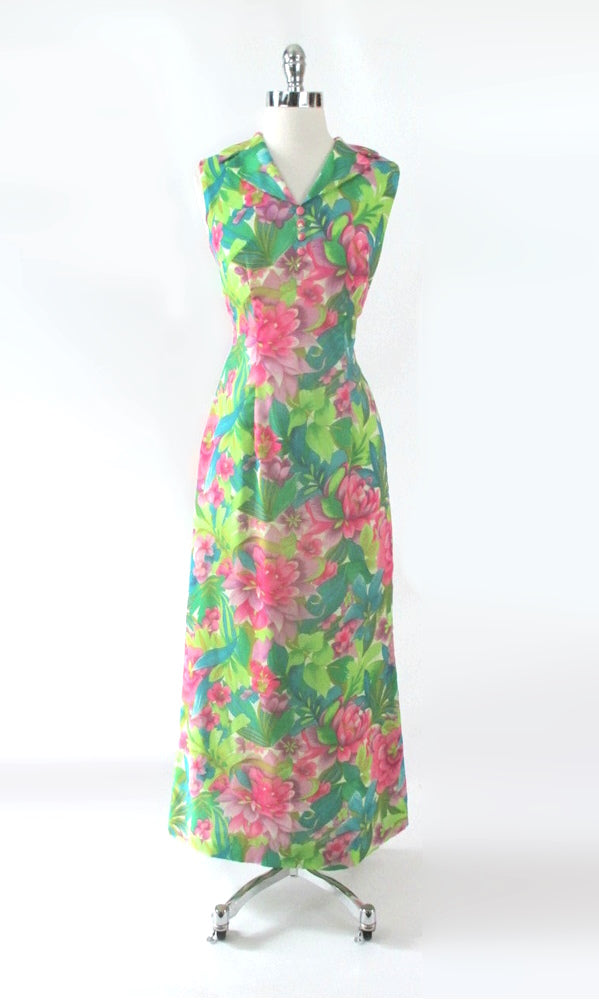 vintage 60s Hawaiian Hawaii tropical flower maxi dress gown Hino Honolulu  gallery