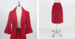 Vintage 60s Red Bouclé Jacket Skirt Suit Set M