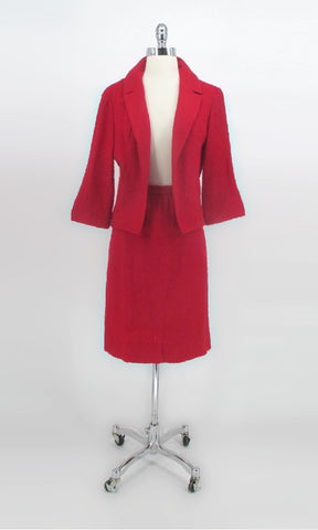 Vintage 60s Red Bouclé Jacket Skirt Suit Set M