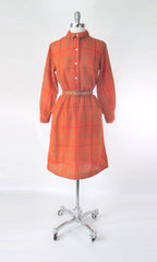 Vintage 60s Orange Plaid Wool Shirt Shift Dress L