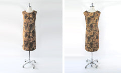 vintage 60s Hale Aloha Hawaiian brown green tank dress batik shields spears print bombshell bettys vintage full