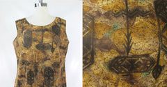 vintage 60s Hale Aloha Hawaiian brown green tank dress batik shields spears print bombshell bettys vintage bodice