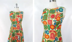 Vintage 60s MOD Empire Waist Hawaiian Midi Dress S