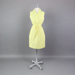 Vintage 60s Sunny Yellow Belted Shirtdress Shift Dress M