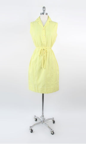 Vintage 60s Sunny Yellow Belted Shirtdress Shift Dress M | L