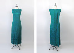 vintage 60s Malia Hawaiian maxi evening shoulder sash satin party dress long gown  back