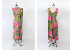 vintage Hawaiian tropical maxi sash pink flower dress  full