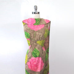 vintage Hawaiian tropical maxi sash pink flower dress  bodice