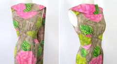 vintage Hawaiian tropical maxi sash pink flower dress  bodice detail