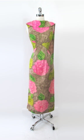 Vintage 60's Pink Floral Hawaiian Maxi Dress Sash Gown S