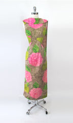 vintage Hawaiian tropical maxi sash pink flower dress gallery