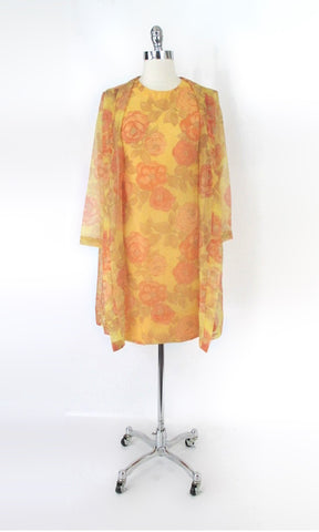 Vintage 60s French Chiffon Floral Dress & Jacket Set S