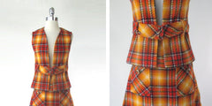 Vintage 60s Orange Plaid Vest & Mini Skirt Co-ord Set S