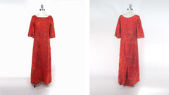 Vintage 60s Orange Birds & Big Floral Bell Sleeve Maxi Dress M