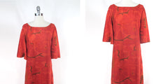 Vintage 60s Orange Birds & Big Floral Bell Sleeve Maxi Dress M