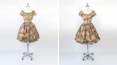 Vintage 60s 50s Sheer Peach Roses Full Skirt Party Dress XS