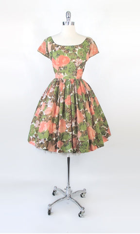 Vintage 60s 50s Sheer Peach Roses Full Skirt Party Dress XS