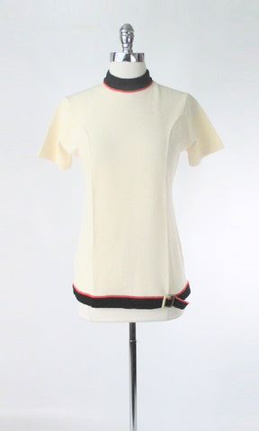 Vintage 60s Orange Black Stripe Belted Buckle Top M
