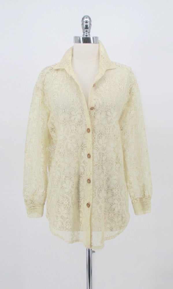 Vintage 70s Antique White Button Up Lace Blouse M