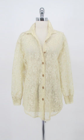 Vintage 70s Antique White Button Up Lace Blouse M