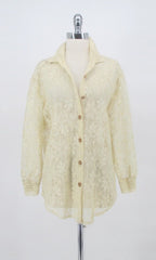 Vintage 70s Antique White Button Up Lace Blouse M