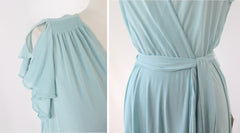 vintage 70s 40s seafoam sheer green blue gown dress Jodi T sleeve belt
