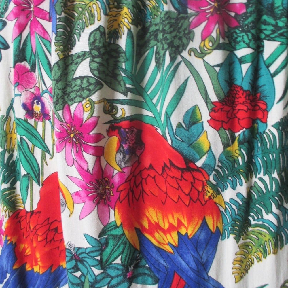 Vintage 70s Tropical Parrots Drawstring Tie Shift Dress / One Size