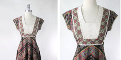 Vintage 70s Bohemian Paisley Eyelet Midi Dress S