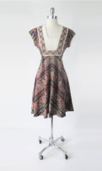 Vintage 70s Bohemian Paisley Eyelet Midi Dress S