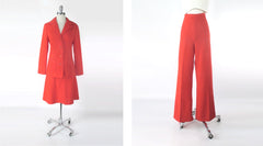 Vintage 70s Orange 3 Piece Suit Set Blazer Skirt Pants L