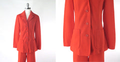 Vintage 70s Orange 3 Piece Suit Set Blazer Skirt Pants L