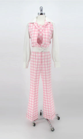 Vintage 70s Pink Plaid 3 Piece Pants Jacket Set S