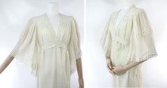 Vintage 70s Off White Gauze Angel Sleeve Hippie Dress S