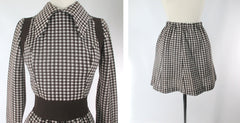Vintage 60s 70s Brown Plaid Top & Mini Skirt Set S