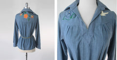 Vintage 70's Chambray Embroidered Peasant Festival Top S