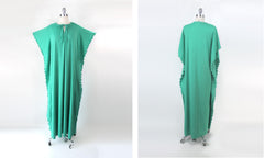 Vintage 70s Green Batwing Kaftan Caftan Dress Gown L | XL