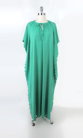 Vintage 70s Green Batwing Kaftan Caftan Dress Gown L | XL