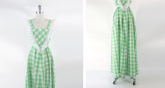 vintage 70s apple green white gingham maxi  prairie  country party dress bombshell bettys vintage bodice