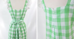 vintage 70s apple green white gingham maxi  prairie  country party dress bombshell bettys vintage back