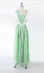 vintage 70s apple green white gingham maxi  prairie  country party dress bombshell bettys vintage gallery