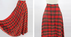 Vintage 70s Classic Red Tartan Plaid A-line Maxi Skirt L