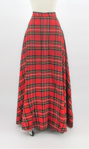 Vintage 70s Classic Red Tartan Plaid A-line Maxi Skirt L