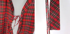 vintage 70s red tartan plaid short sleeve wrap dress details